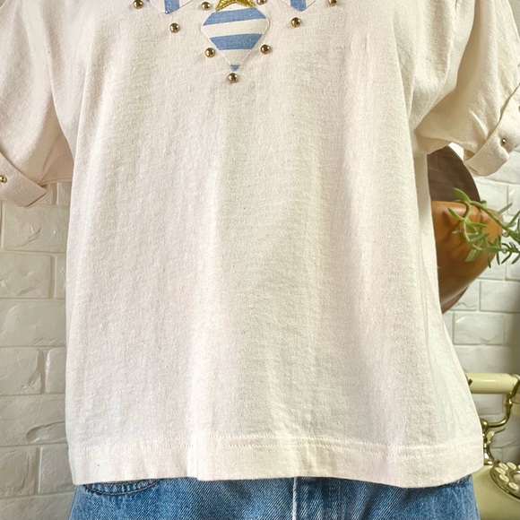 Vintage 1990s Nautical Striped + Stars Patchwork Studded Cropped T-Shirt - Picture 7 of 15